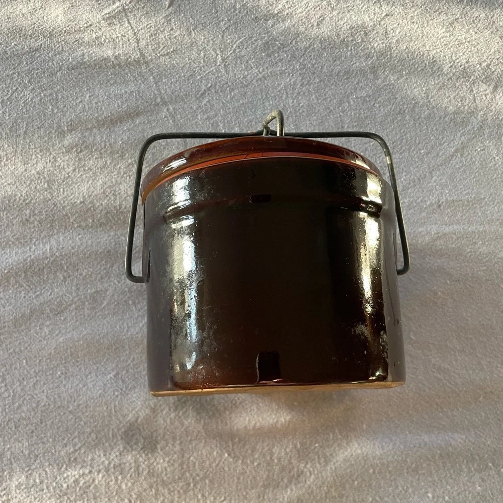 Vintage Brown Glazed Stoneware Crock with Lid & Wire Bale